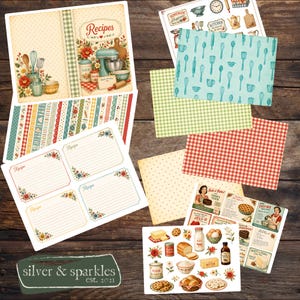 May include: A collection of vintage-style recipe cards, patterned papers, and stickers with a kitchen theme. The designs feature floral accents, kitchen tools, and food illustrations in a warm color palette. The text includes "Recipes", "Homemade", and "Silver & Sparkles est. 2021".