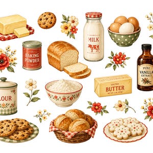 May include: An illustration of baking ingredients and baked goods. Includes butter, baking powder, flour, milk, eggs, vanilla extract, bread, rolls, cookies, and floral accents. The items are arranged in a visually appealing, vintage style.