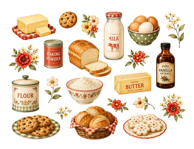 May include: An illustration of baking ingredients and baked goods. Includes butter, baking powder, flour, milk, eggs, vanilla extract, bread, rolls, cookies, and floral accents. The items are arranged in a visually appealing, vintage style.
