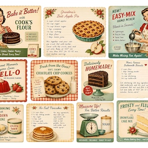 May include: A collection of vintage-style recipe cards and advertisements for baking products. The cards feature illustrations of cakes, pies, cookies, and other baked goods, along with recipes and product information. The color palette is warm and inviting.