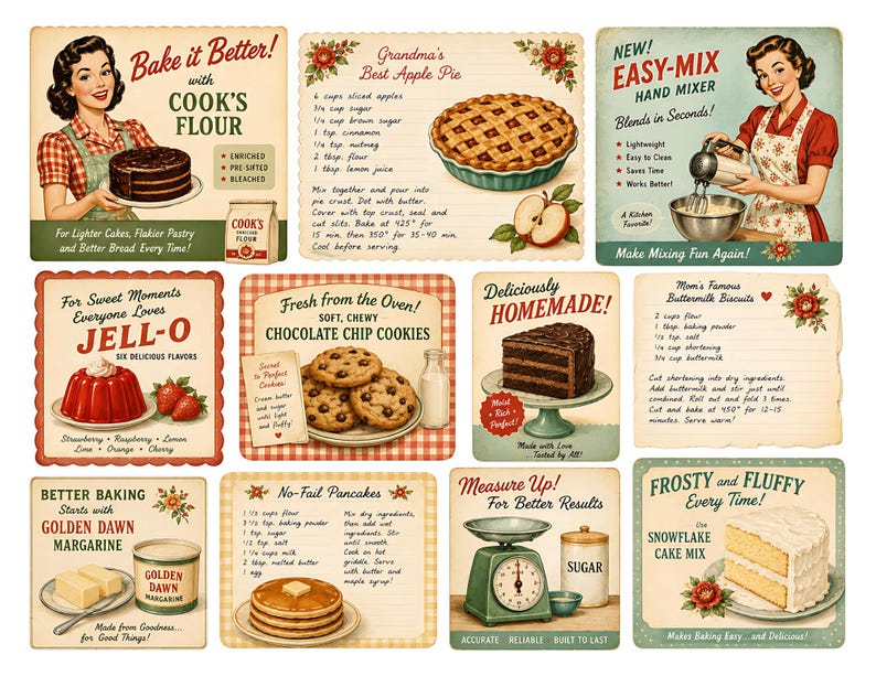 May include: A collection of vintage-style recipe cards and advertisements for baking products. The cards feature illustrations of cakes, pies, cookies, and other baked goods, along with recipes and product information. The color palette is warm and inviting.