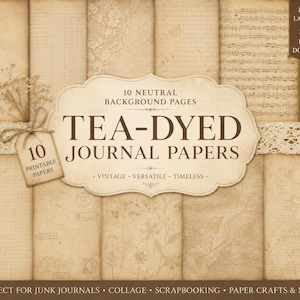 Op de afbeelding: Een verzameling van tien neutrale, met thee geverfde journal-papieren met diverse texturen zoals bladmuziek, kant en rasterpatronen. De afbeelding bevat de tekst 10 NEUTRAL BACKGROUND PAGES, TEA-DYED JOURNAL PAPERS, 8.5 X 11 LANDSCAPE, 300 DPI DIGITAL DOWNLOAD en 10 PRINTABLE PAPERS.
