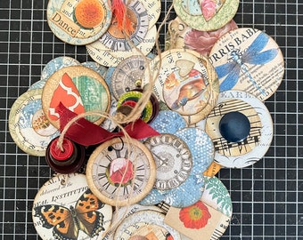 Handmade Ephemera for journal, cards, tags and more! Set of 20 paper circles and flowers