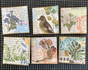 Set of Six Journaling (or note) cards. Collaged with a botanical sticker on the front and blank writing paper on the inside. (Set 2)