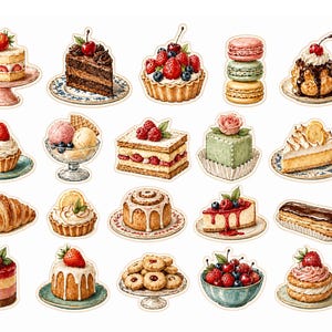 May include: A collection of watercolor illustrations of various desserts. The image includes cakes, tarts, pastries, macarons, and ice cream. The desserts are decorated with fruits, chocolate, and cream, and are presented on plates and stands.