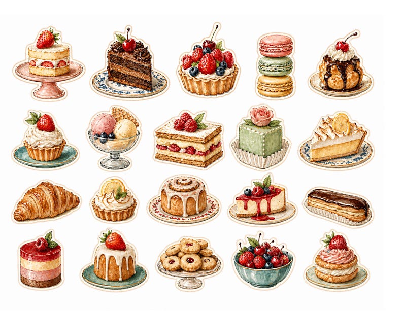 May include: A collection of watercolor illustrations of various desserts. The image includes cakes, tarts, pastries, macarons, and ice cream. The desserts are decorated with fruits, chocolate, and cream, and are presented on plates and stands.