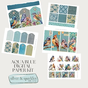Kit di carta blu acqua! Perfetto per gli amanti degli uccelli! Carta digitale per il diario spazzatura e materiale effimero stampabile