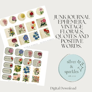 Junk Journal Ephemera, Vintage Blumen, Zitate und Positive Worte. Großartig für die Herstellung von Tiny Treasures!