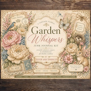 May include: A vintage floral "Garden Whispers" junk journal kit with printable ephemera, papers, and embellishments. The design features flowers, a bird, a butterfly, a rabbit, and vintage ephemera. The kit includes papers, tags, and journal pages.