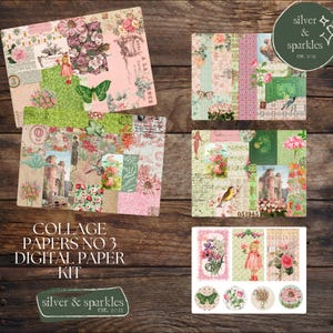 ¡Papeles de collage n.º 3! Papeles digitales y efímeros imprimibles en rosa y verde