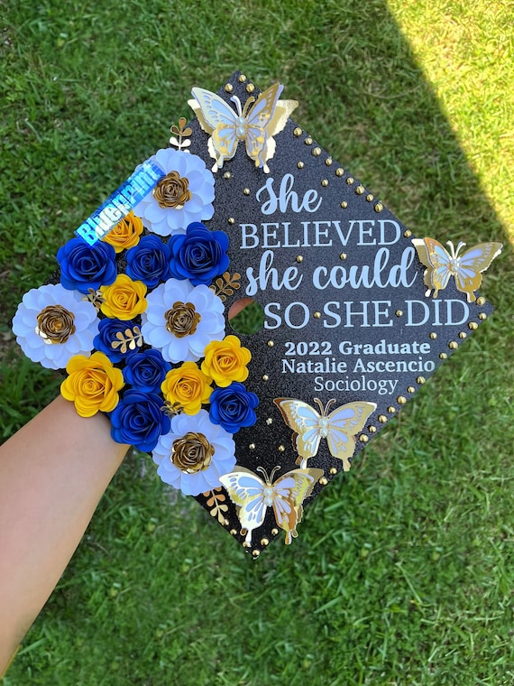 Blue and Yellow Flower Graduation Cap Topper, Paper Flower Grad