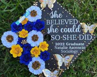 Blue and Yellow Flower Graduation Cap Topper, Paper Flower Grad Cap, Gold Beaded Graduation Cap Topper, Class of 2024, Custom Grad Cap