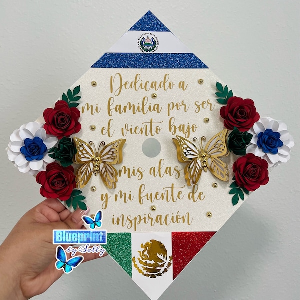 El Salvador and Mexico Grad Cap, First Generation Grad Cap, Custom Grad Topper, Flower Grad Cap, El Salvador Topper, Blue Flowers Cap, White