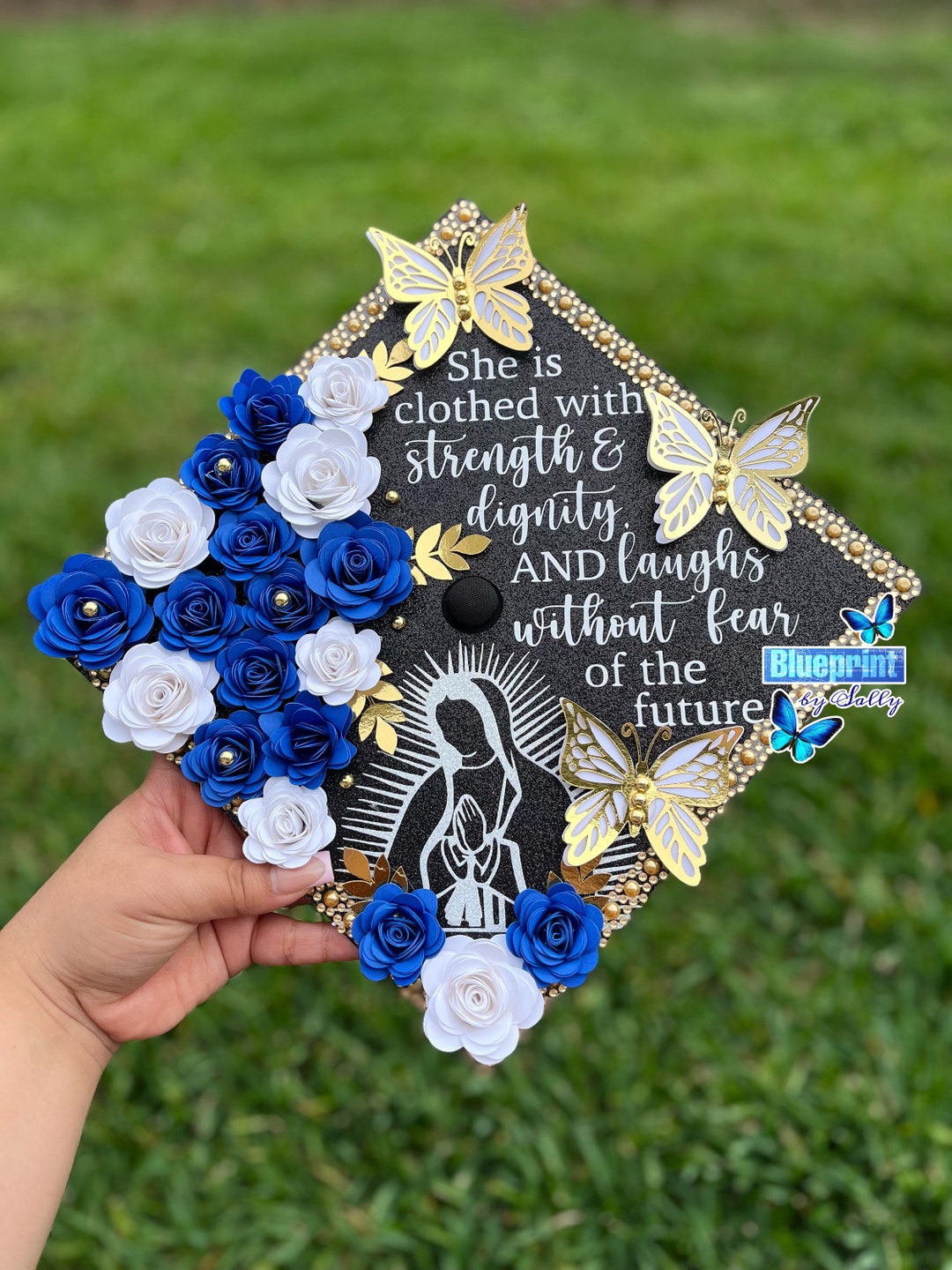 Royal Blue Virgin Mary Grad Cap, El Salvador Grad Cap, First Generation