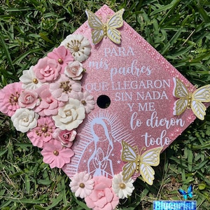 Pink Virgin Mary Graduation Cap, Paper Flowers, Rose Gold Grad Cap, Glitter Grad Cap, Virgencita Gradcap, First Generation, Para Mis Padres