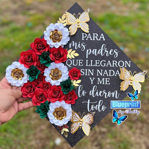 Graduation Flower Cap, 1st Generation Graduate, Mexico Graduation Topper, White Flower Gradcap, Class of 2024, Mis Padres, Custom Gradcap