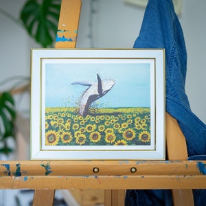 Joyful Whale Jumping in Sunflower Field / Fine Art Textured Paper / Bright and Sunny Art