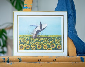 Joyful Whale Jumping in Sunflower Field / Fine Art Textured Paper / Bright and Sunny Art