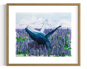 Humpback Whale Jumping in Lupines/ Fine Art Print on Textured Paper