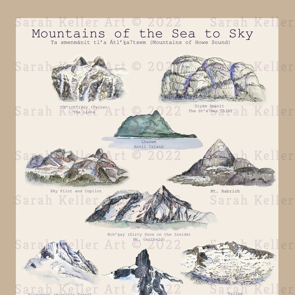Sea to Sky Mountain Poster / Squamish to Whistler, BC / PNW Cascadia Mountains / Indigenous Names
