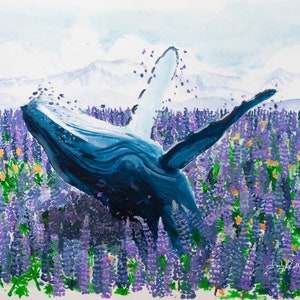 Whale Jumping in Lupines / High Quality Canvas Print / Canada Only