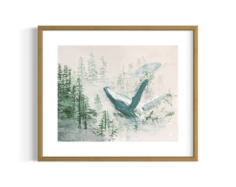 Humpback Whale Jumping in Forest/ Pacific Northwest Art/ Wall Art Decor/ Moody hues