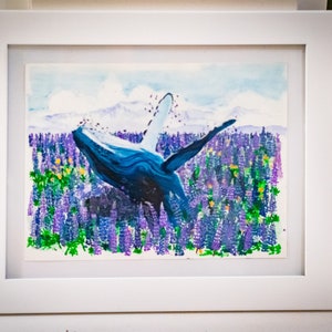 Humpback Whale Jumping in Lupines/ Fine Art Print on Textured Paper