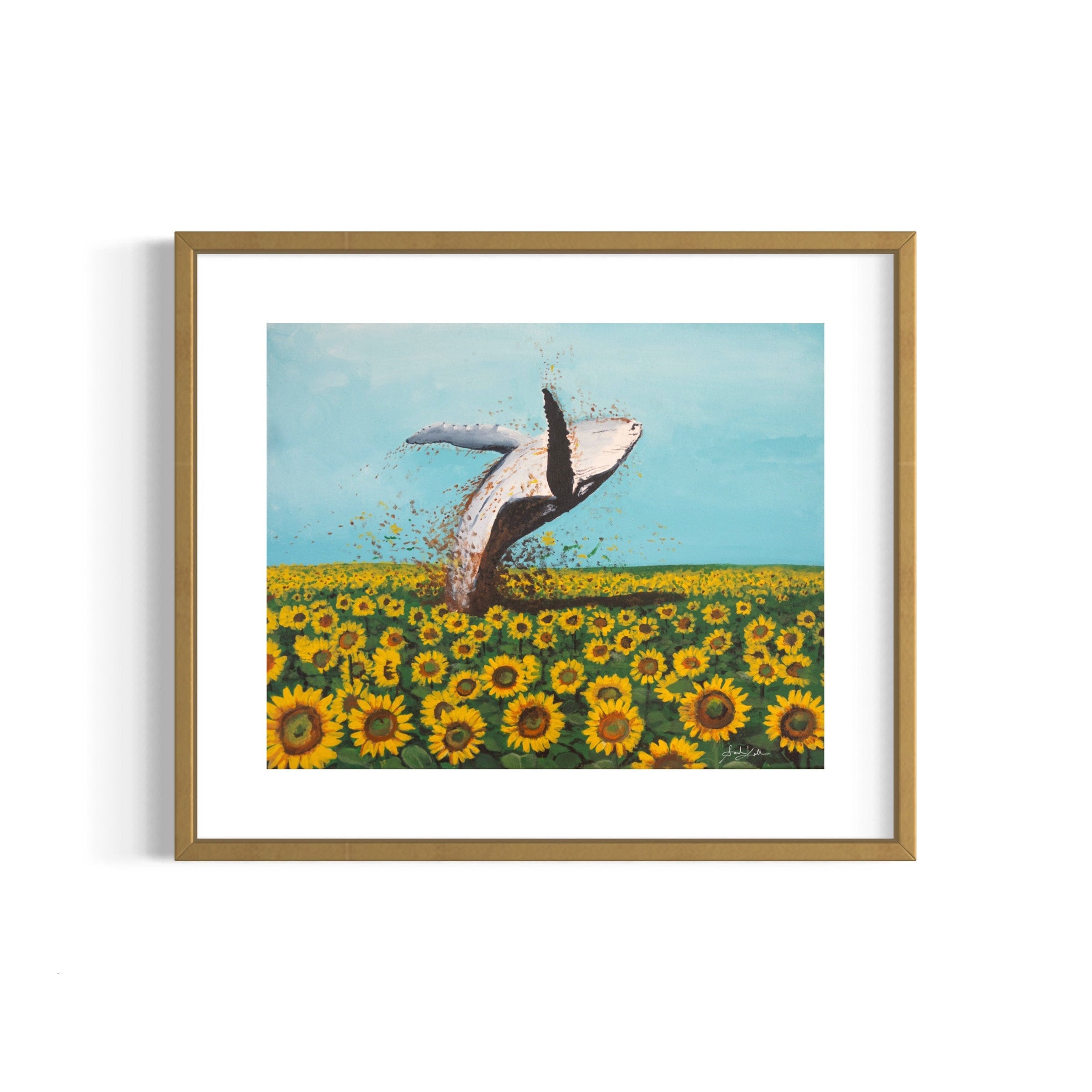 Joyful Whale Jumping in Sunflower Field / Fine Art Textured Paper / Bright and Sunny Art