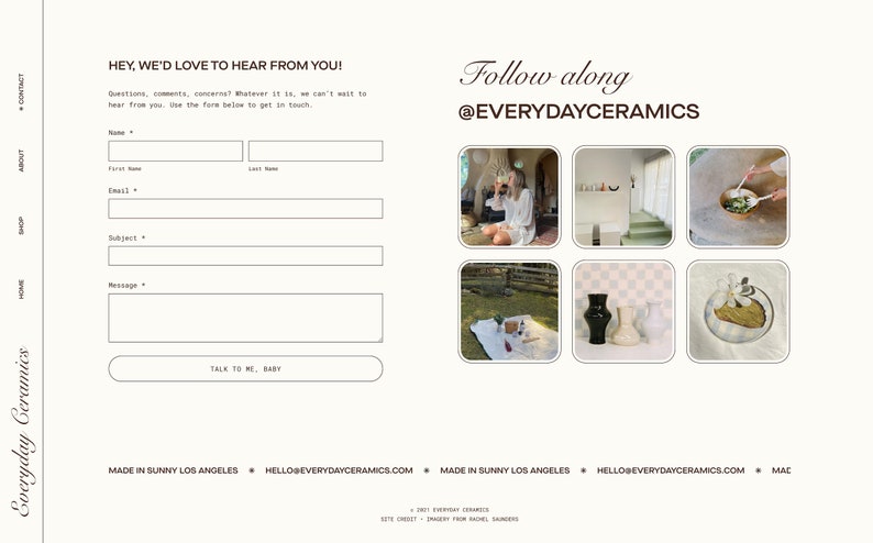 May include: A website for Everyday Ceramics, a pottery studio in Los Angeles, California. The website features a contact form, a social media link, and images of pottery.