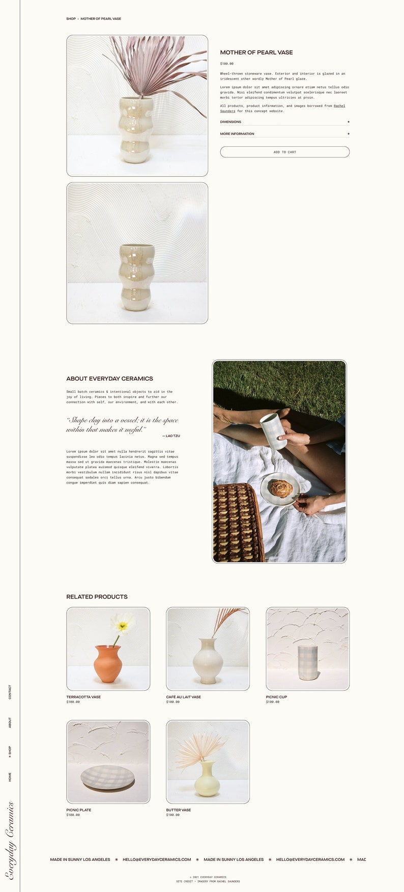 May include: A white ceramic vase with a pearlescent glaze. The vase has a rounded, organic shape with a wide opening at the top. The vase is sitting on a white surface with a pink palm frond behind it. The text "Mother of Pearl Vase" is visible in the image.