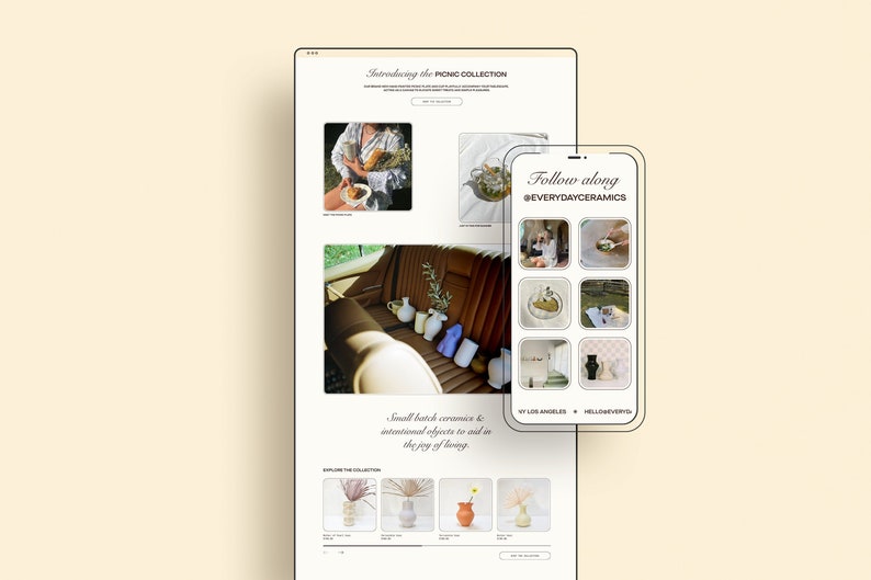 May include: A website screenshot showcasing a collection of handmade ceramic vases and other home decor items. The website features images of the products, a description of the collection, and a call to action to explore the collection. The website also includes a social media call to action to follow the brand on Instagram.