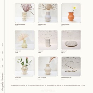 May include: A collection of ceramic vases and home decor items in various styles and colors, including a glazed vase, a mother of pearl vase, a periwinkle vase, a terracotta vase, a butter vase, a picnic cup, a picnic plate, a cafe au lait vase, and a wave incense holder. The items are displayed on a white background with the text "Everyday Ceramics" and "Made in Sunny Los Angeles" at the bottom.