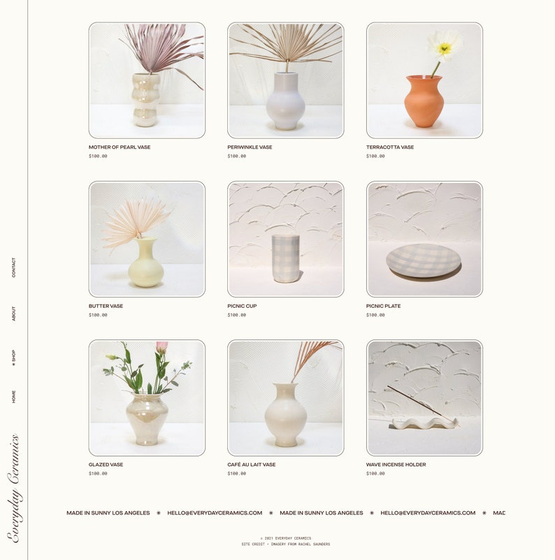 May include: A collection of ceramic vases and home decor items in various styles and colors, including a glazed vase, a mother of pearl vase, a periwinkle vase, a terracotta vase, a butter vase, a picnic cup, a picnic plate, a cafe au lait vase, and a wave incense holder. The items are displayed on a white background with the text "Everyday Ceramics" and "Made in Sunny Los Angeles" at the bottom.