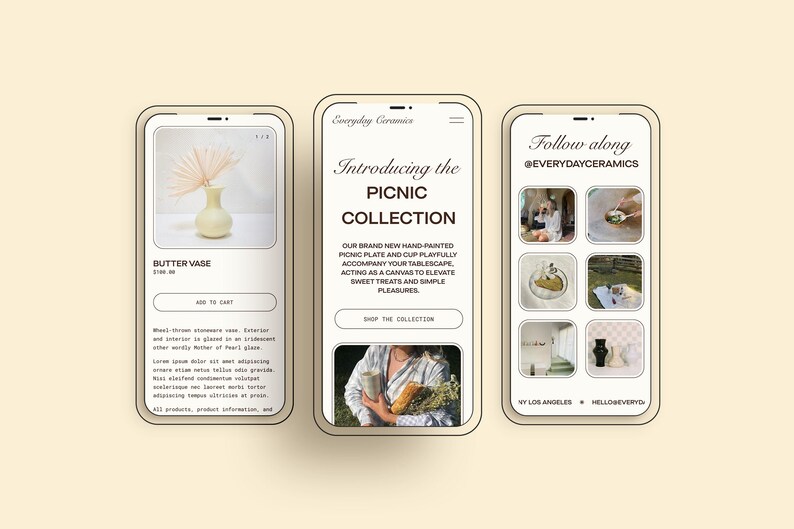 May include: A collection of hand-painted ceramic plates and cups in a light brown color with a white design. The plates and cups are arranged on a table with a white tablecloth. The text "Introducing the Picnic Collection" is displayed above the image. The text "Our brand new hand-painted picnic plate and cup playfully accompany your tablescape, acting as a canvas to elevate sweet treats and simple pleasures." is displayed below the image. The text "Shop the Collection" is displayed below the text.
