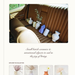 May include: A collection of hand-painted ceramic vases in various colors and styles, including a terracotta vase, a white vase, and a light yellow vase. The vases are arranged in a car's backseat with a sprig of greenery. The text "Small batch ceramics & intentional objects to aid in the joy of living." is displayed below the image.