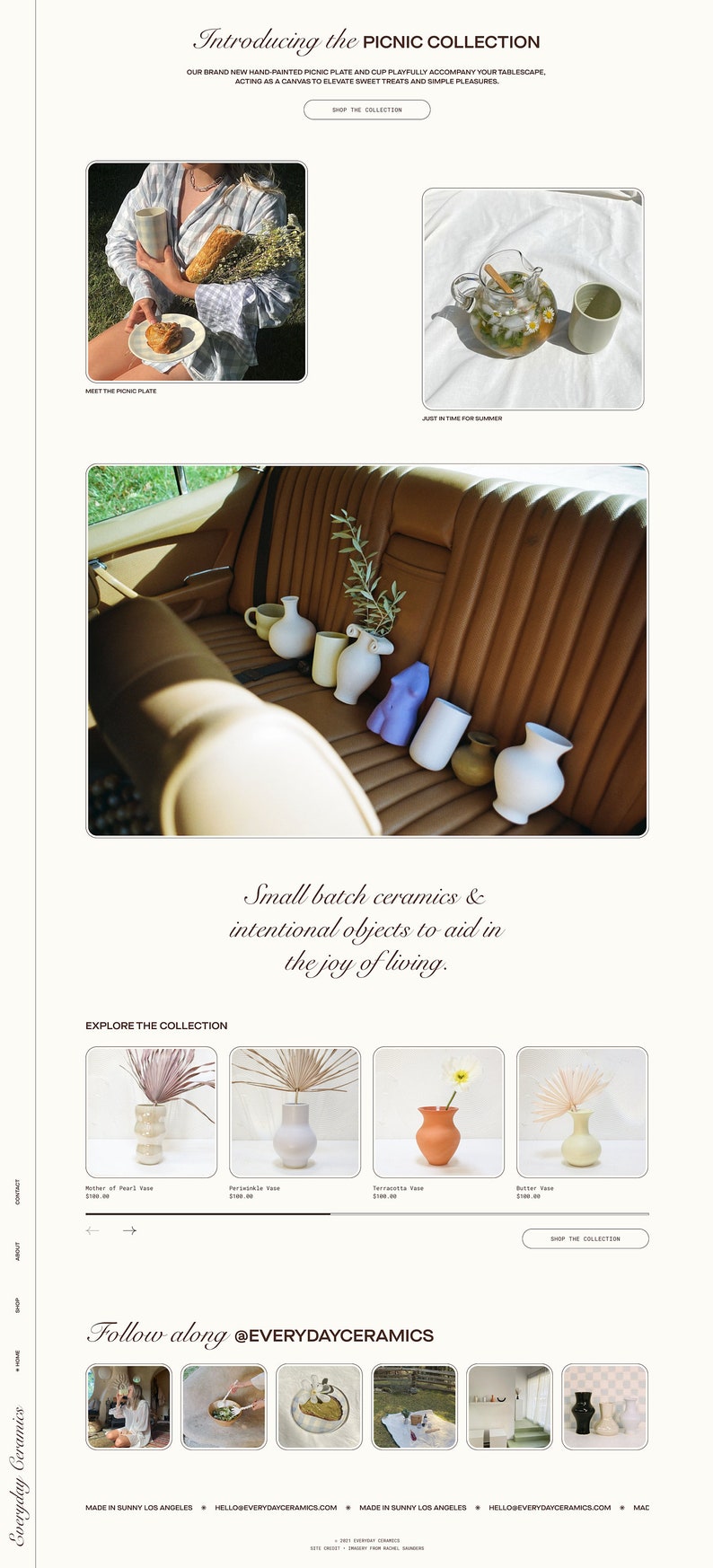 May include: A collection of hand-painted ceramic vases in various colors and styles, including a terracotta vase, a white vase, and a light yellow vase. The vases are arranged in a car's backseat with a sprig of greenery. The text "Small batch ceramics & intentional objects to aid in the joy of living." is displayed below the image.