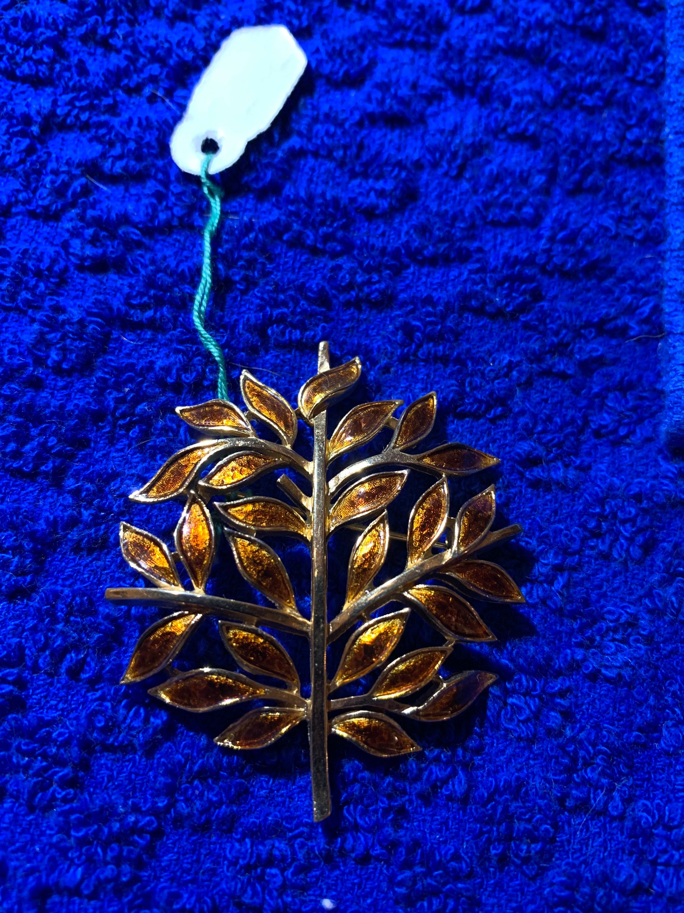 Rare Alfred Philippe Trifari enamel Leaves Pin. Brown/Orange Autumn Tree Brooch