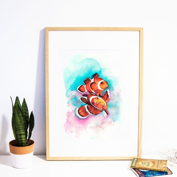 Sea life decor, ocean nursery prints, watercolor clownfish painting, Anemonefish art print, printable wall art