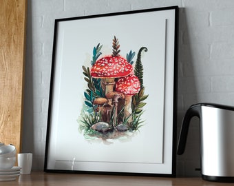 Mushroom illustration art print, digital download of botanical watercolor painting, nature and mycology lover gift idea