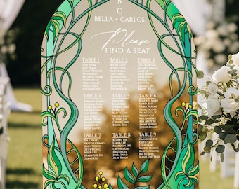 Emerald Acrylic Wedding Seating Chart: Stained Glass Gold Mirror Entrance Decor - Barcelony Collection