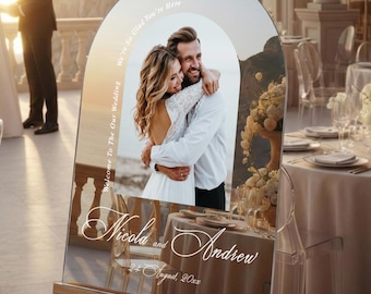 Silver Mirror Wedding Welcome Sign With Photo, Chic Fall Engagement Decor - Cannes Collection