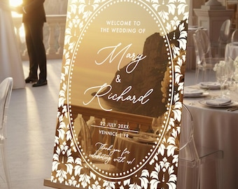 Custom Gold Mirror Wedding Welcome Sign, Elegant Damask Acrylic Reception Board