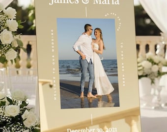 Photo Wedding Welcome Sign: Custom Picture Gold Mirror Engagement Signage - Orlando Collection