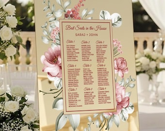 Gold Mirror Acrylic Seating Chart for Wedding or Engagement with Floral Ornaments - Marrakech Collection