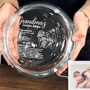 Op de afbeelding: Een heldere glazen ovenschaal met handvatten, met de tekst "Grandma's Cookies Recipe" en een afbeelding van een oma en kleinkind. De schaal bevat een lijst met ingrediënten en instructies voor het bakken van koekjes.