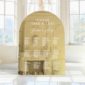 Gold Mirror Acrylic Wedding Seating Chart Sign, Arch Find Your Seat Board, Wedding Decor, Large Event Guest Table Plan Sign