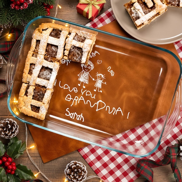 Kids Artwork Gift for Grandpa, Engraved Nana Casserole Dish from Grandkids, Personalized Baking Pan With Child Drawing