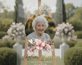 Personalized Celebration of Life Sign with Photo, Floral 3D Acrylic Memorial Funeral Signage