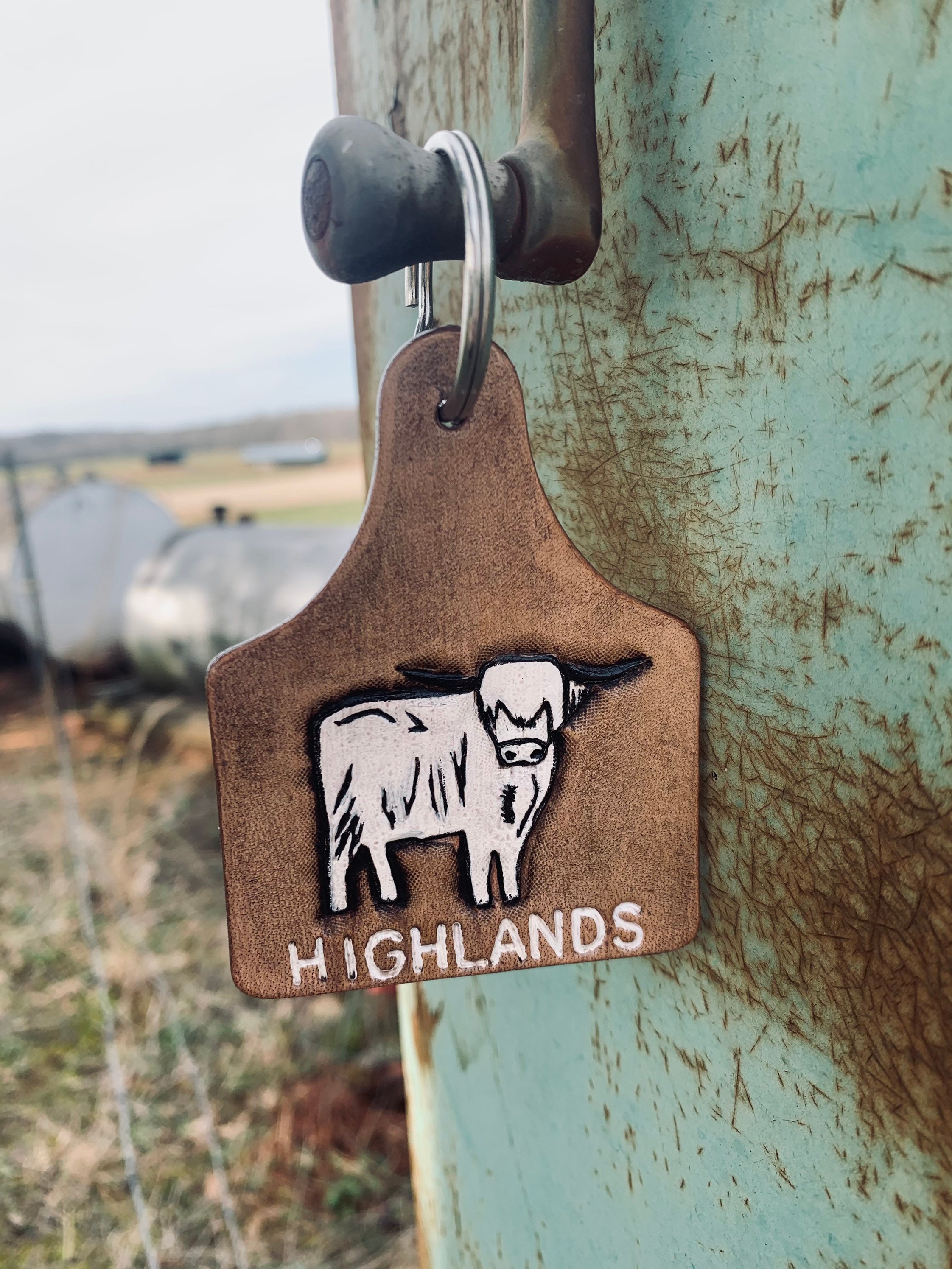 Hairy Cow Stamped Leather Ear Tag Key chain