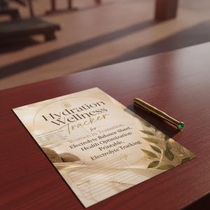 May include: A printed Hydration Wellness Tracker sheet with gold and beige abstract patterns, featuring text including Women in Transition, Electrolyte Balance Sheet, Health Optimization, Printable, and Electrolyte Tracking, accompanied by a gold pen.